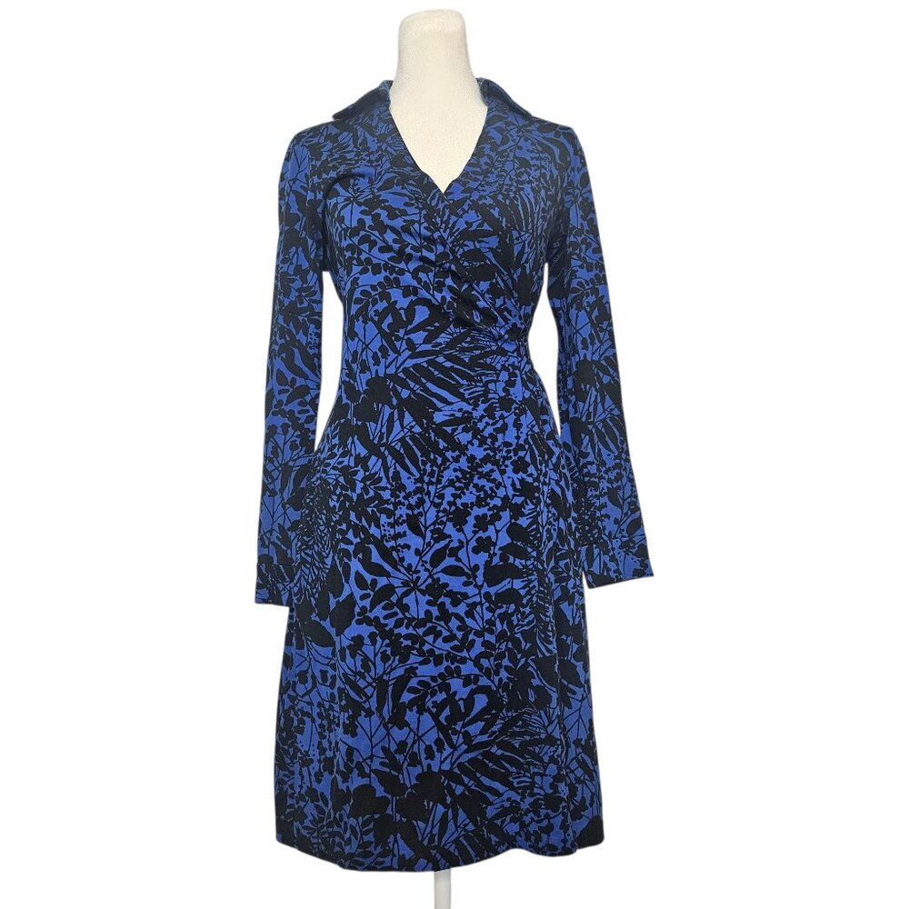 Diane Von Furstenberg New Jeanne Two Wrap Dress SZ 4 Leaf Vine Cotton/Silk Blue